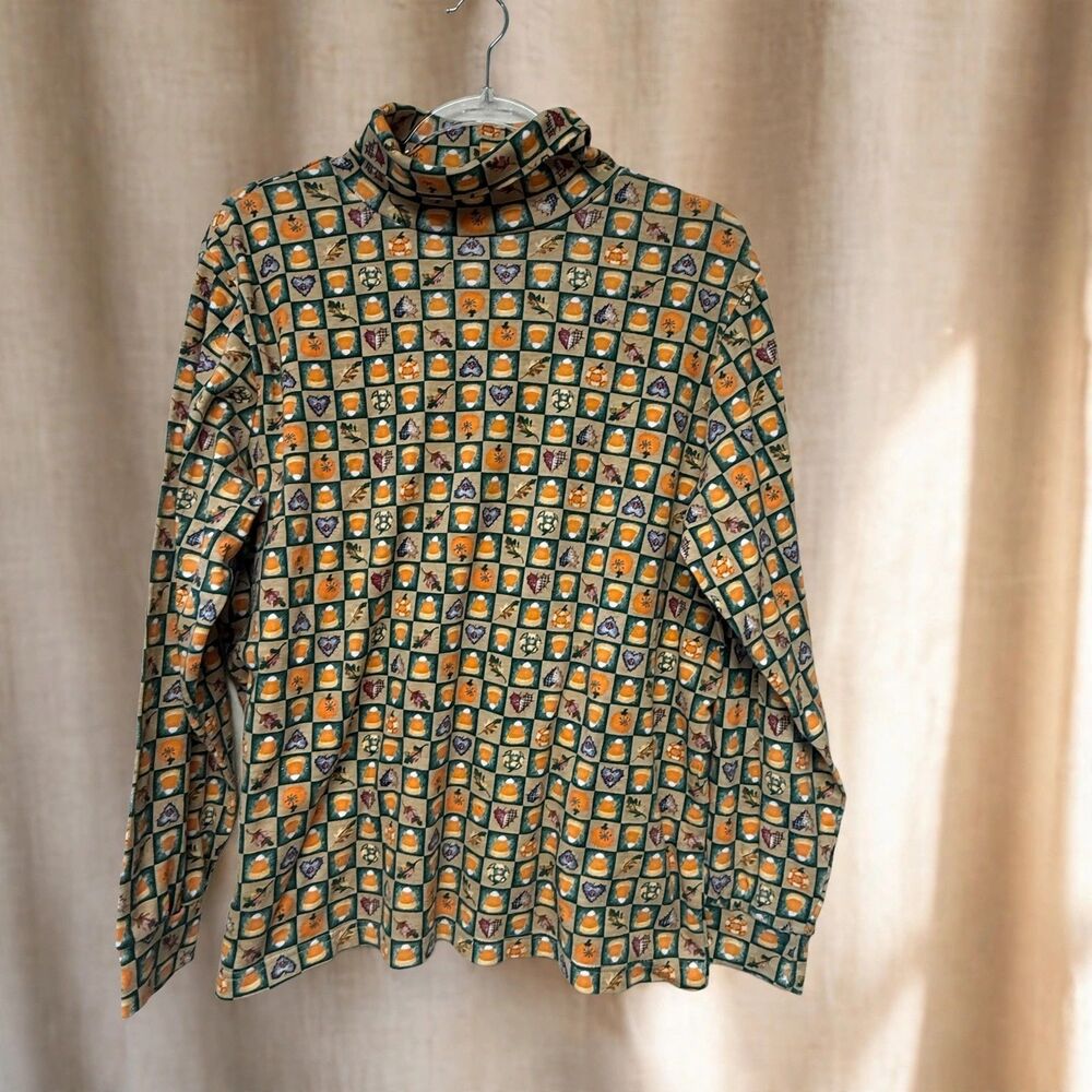 Corner Stone Fall Turtleneck L Candy Corn Pumpkin Patchwork Harvest Top